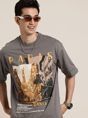 HERE&NOW Printed Men Round Neck Grey T-Shirt
