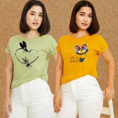 Kasendra Printed Women Round Neck Green, Yellow T-Shirt