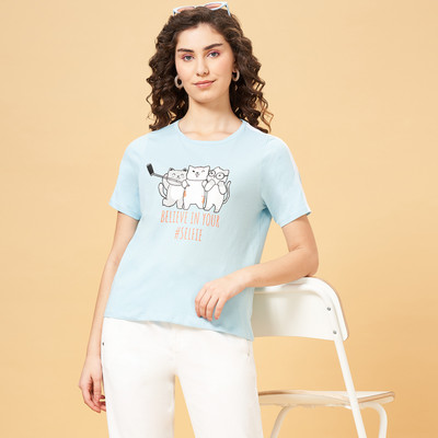 PEOPLE Printed Women Round Neck Blue T-Shirt