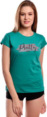 elina Printed Women Round Neck Green T-Shirt