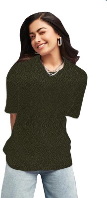THE BLAZZE Solid Women Round Neck Dark Green T-Shirt