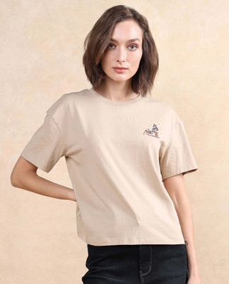 RAREISM Graphic Print Women Crew Neck Brown T-Shirt