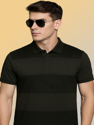 SINDHIGARMENT Striped Men Polo Neck Dark Green T-Shirt