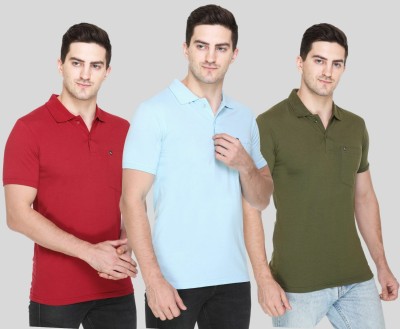 White Moon Solid Men Polo Neck Maroon, Light Blue, Dark Green T-Shirt