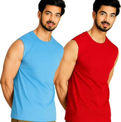 Jangoboy Solid Men Round Neck Blue, Red T-Shirt