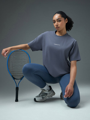 TECHNOSPORT Solid Women Crew Neck Navy Blue T-Shirt