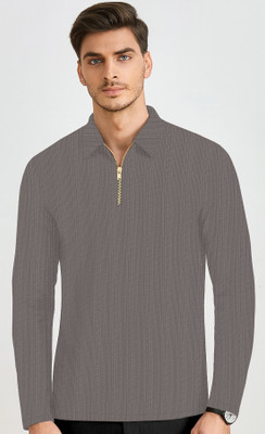 KAJARU Self Design Men Zip Neck Grey T-Shirt