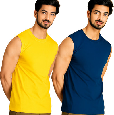 Adorbs Solid Men Round Neck Yellow, Dark Blue T-Shirt