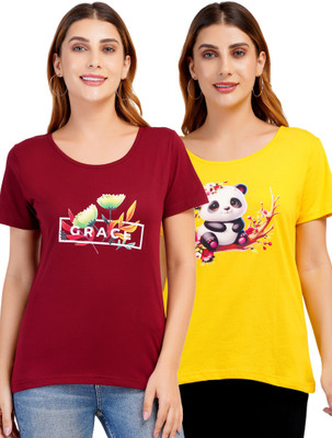 Romaisa Graphic Print Women Round Neck Reversible Maroon, Yellow T-Shirt