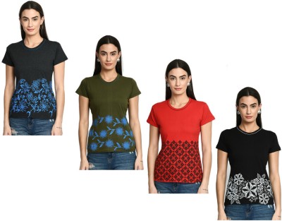 KAVYA Printed Women Round Neck Silver, Red, Black T-Shirt