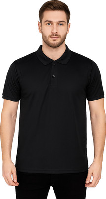 YUALIN CREATION Solid Men Polo Neck Black T-Shirt