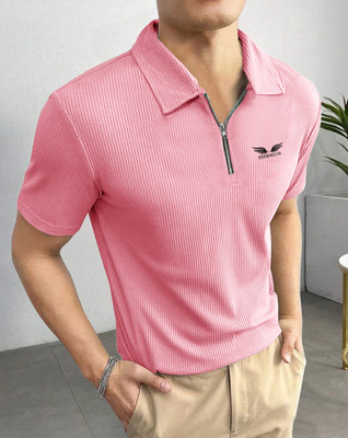 EyeBogler Self Design Men Polo Neck Pink T-Shirt