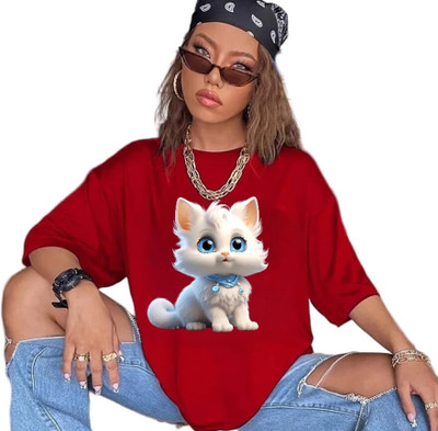 Fluffy Enterprises Printed Women Round Neck Red T-Shirt