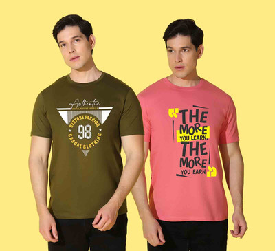 WOOSTRO Printed Men Round Neck Green, Pink T-Shirt