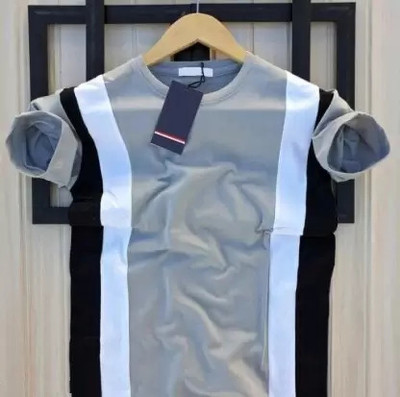 KASPY Striped Men Round Neck Grey T-Shirt