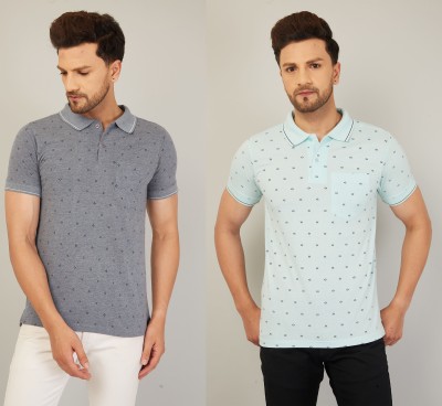 We Perfect Printed Men Polo Neck Grey, Blue T-Shirt