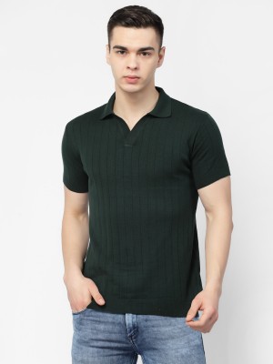 KALT Striped Men Polo Neck Dark Green T-Shirt