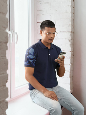United Colors of Benetton Printed Men Polo Neck Navy Blue T-Shirt