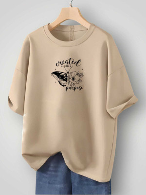 MAJESTIC FASHION Printed Women Round Neck Beige T-Shirt