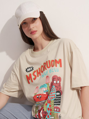 Tokyo Talkies Printed Women Round Neck Beige T-Shirt