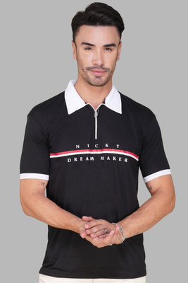 NB NICKY BOY Printed Men Zip Neck Black T-Shirt