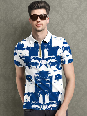 TRIPR Striped Men Zip Neck White, Blue T-Shirt