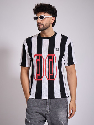 Fugazee Lifestyle Striped, Self Design Men Round Neck Black, White T-Shirt