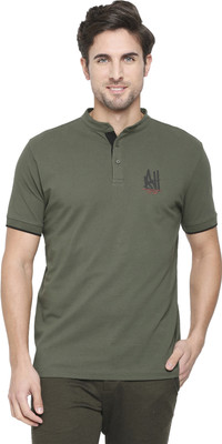 BEING HUMAN Typography Men Mandarin Collar Green T-Shirt