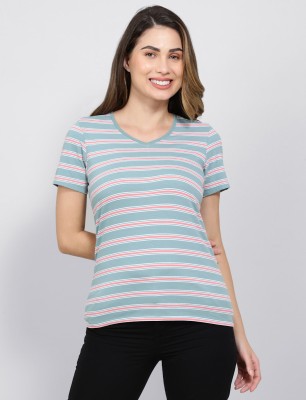 JOCKEY Striped Women Round Neck Green T-Shirt