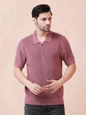 NOQUO Self Design Men Zip Neck Pink T-Shirt