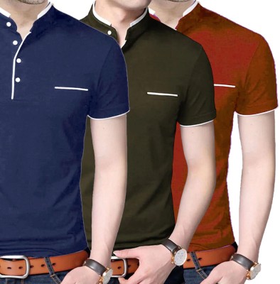 Lets Shine Self Design Men Mandarin Collar Maroon, Gold, Red T-Shirt