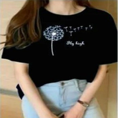 SAHAL FASHION Printed, Typography Women Round Neck Black T-Shirt