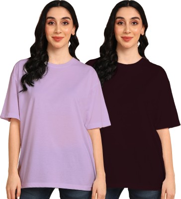 Adyavastram Solid Women Round Neck Purple, Maroon T-Shirt