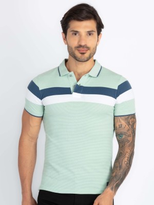 Status Quo Striped Men Polo Neck Light Green, White, Dark Blue T-Shirt