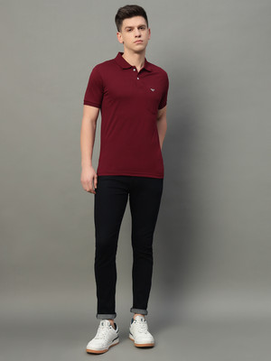 RISS CLOTHING Solid Men Polo Neck Maroon T-Shirt