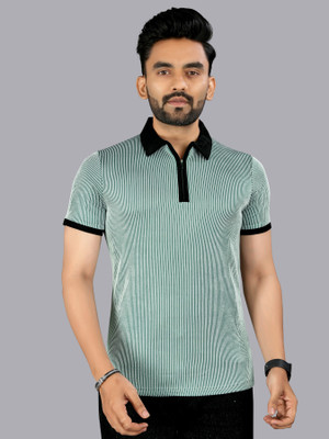 FTX Striped Men Zip Neck Green T-Shirt