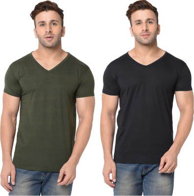 Tresna Trending Solid Men V Neck Dark Green, Black T-Shirt