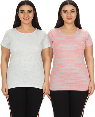 YUALIN CREATION Striped Women Round Neck Multicolor T-Shirt
