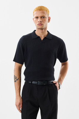 Snitch Self Design Men Polo Neck Black T-Shirt
