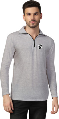 GEUM Solid Men Polo Neck Silver T-Shirt