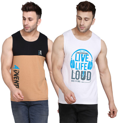 SLOWLORIS Printed, Colorblock Men Scoop Neck White, Black, Beige T-Shirt