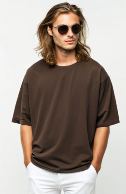 Trenzi Solid Men Round Neck Brown T-Shirt
