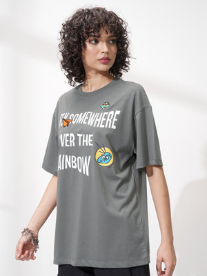 Tokyo Talkies Printed Women Round Neck Grey T-Shirt