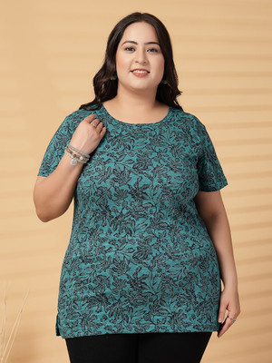 PLUSS Printed Women Round Neck Green T-Shirt