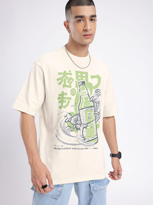 Glitchez Printed Men Round Neck Beige T-Shirt