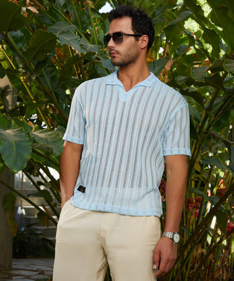 CAMPUS SUTRA Striped Men Polo Neck Blue T-Shirt