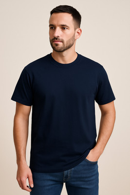 Natika Solid Men Round Neck Navy Blue T-Shirt