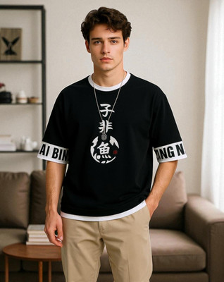 FAOES Printed Men Round Neck Black T-Shirt