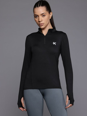 HRX by Hrithik Roshan Solid Women Zip Neck Black T-Shirt