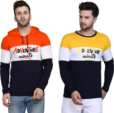 SLOWLORIS Printed Men Hooded Neck Orange, Yellow T-Shirt